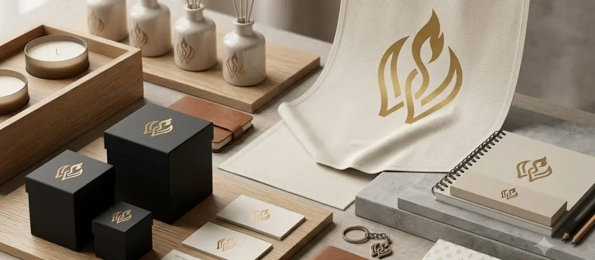 A Wickraft flat-lay on pale oak: matte black candle vessels, reed diffusers, foil-stamped black gift boxes, a leather notebook, a brass keyring and a canvas runner printed with the flame mark.