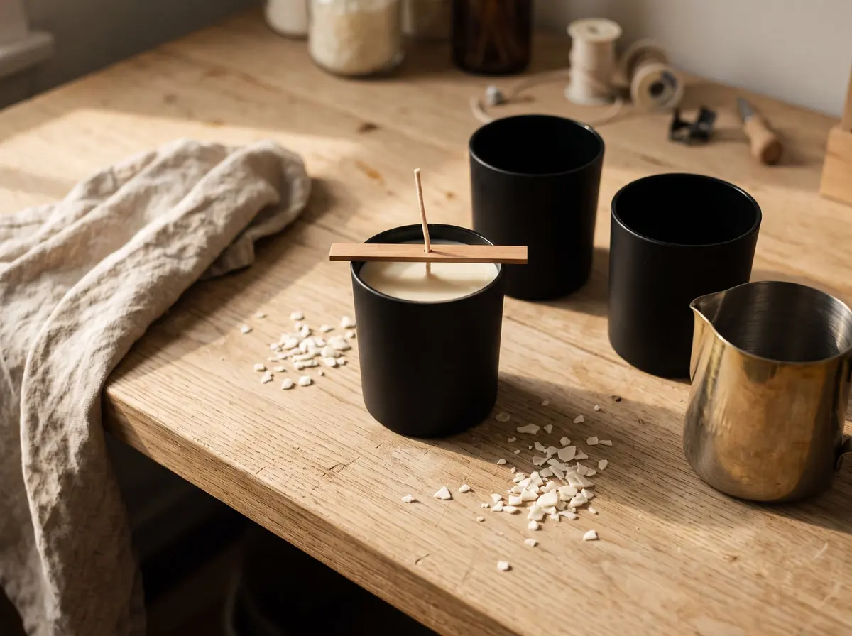 Three matte black candle vessels on a pale oak bench, one freshly poured with a wick held by a wooden bridge.