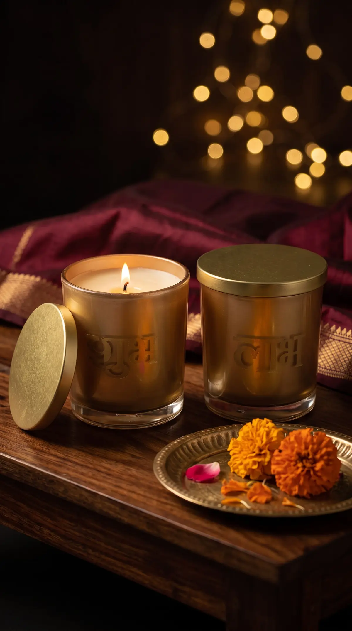 The gold Shubh and Labh jar candles on a dark wooden puja table with marigolds, one of them lit.