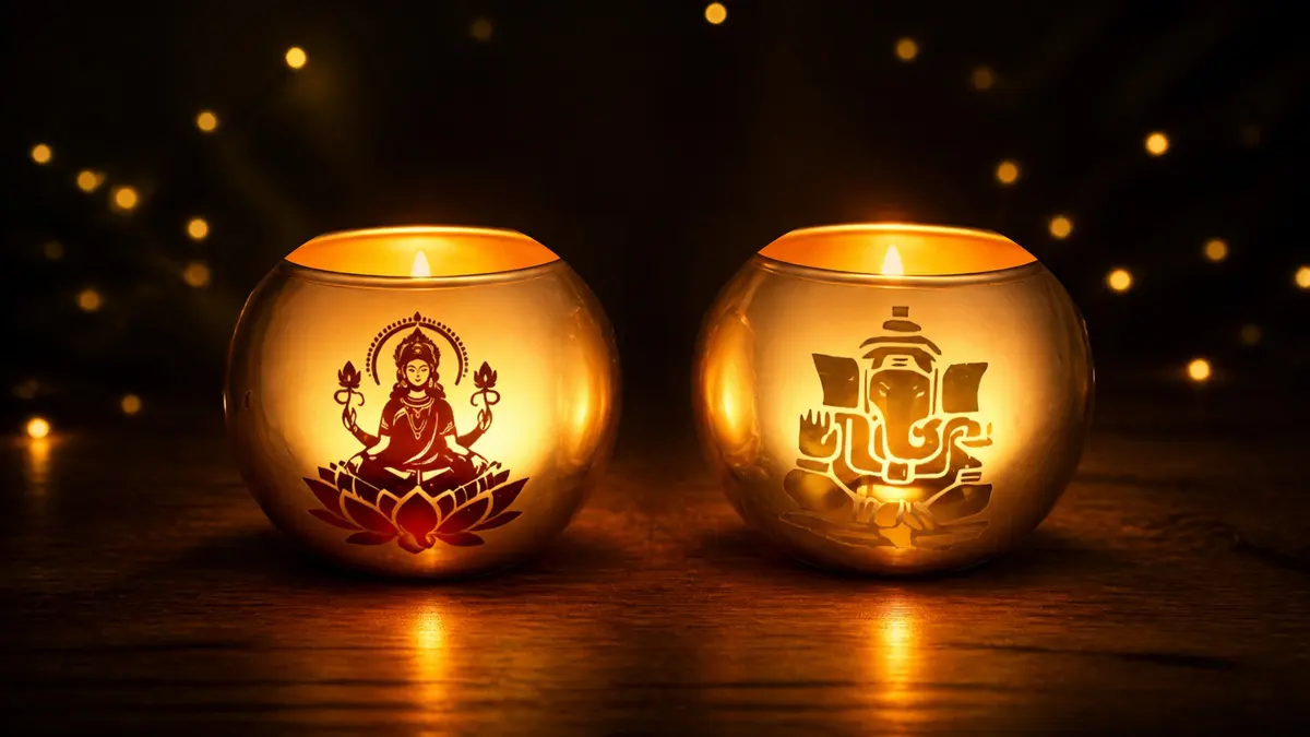 The Lakshmi and Ganesh tealight holders glowing side by side on a dark wooden table, fairy lights behind.
