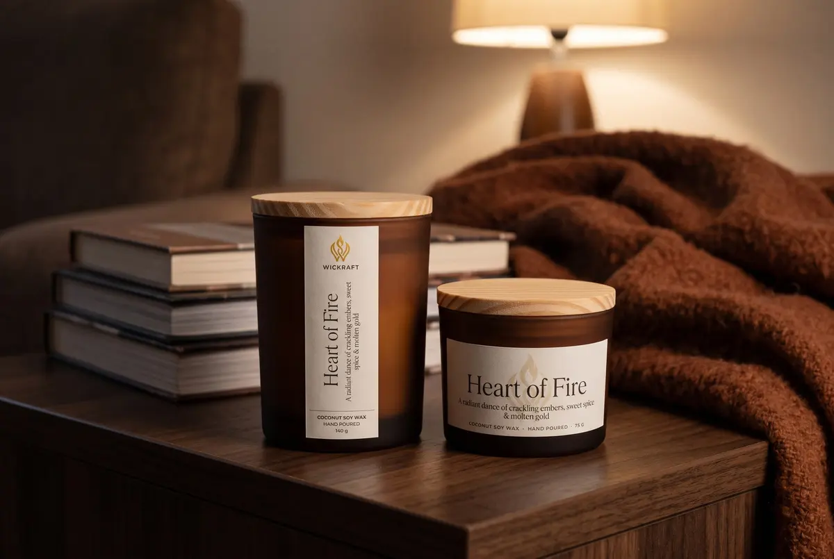 Heart of Fire in both sizes, the tall 200ml jar and the short 100ml jar, with pine-wood lids, beside a stack of books.
