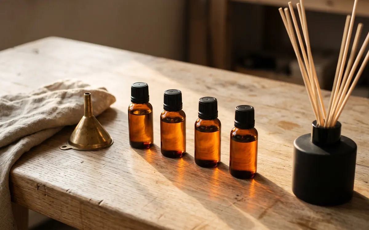 A row of four amber glass essence oil bottles on a workshop bench, a brass funnel at one end and a reed diffuser at the other.