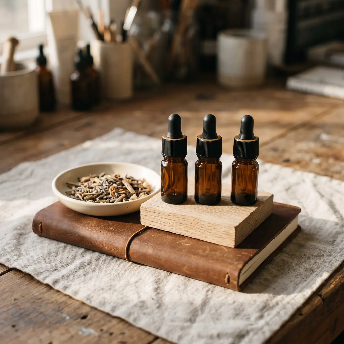 Three amber essential oil vials on an oak block atop a leather notebook, beside a dish of dried botanicals.