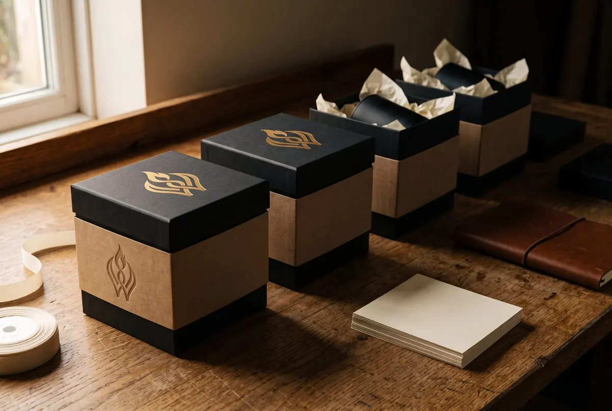 A row of finished Wickraft gift boxes in kraft shipping sleeves on a workshop bench at dusk, two lids foil-stamped and one sleeve blind-debossed.