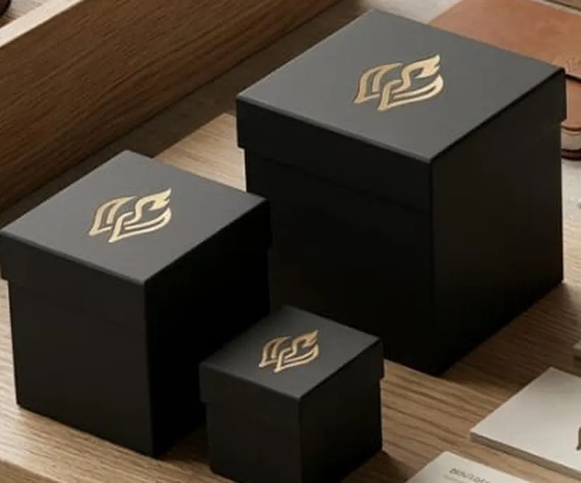Three matte black gift boxes of different sizes on oak, each lid foil-stamped with the Wickraft flame mark.