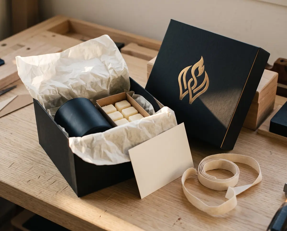 An open matte black gift box lined with cream tissue holding a candle and wax melts, its foil-stamped lid propped behind.