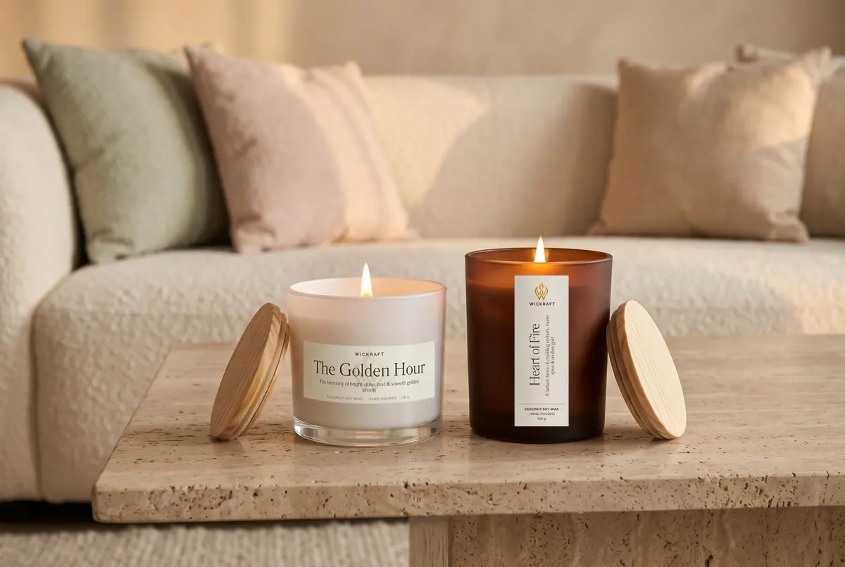 Two Wickraft candles on a travertine table: The Golden Hour in a white jar and a lit Heart of Fire in an amber jar.