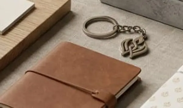 A brown leather notebook beside a brass flame-mark keyring on linen.