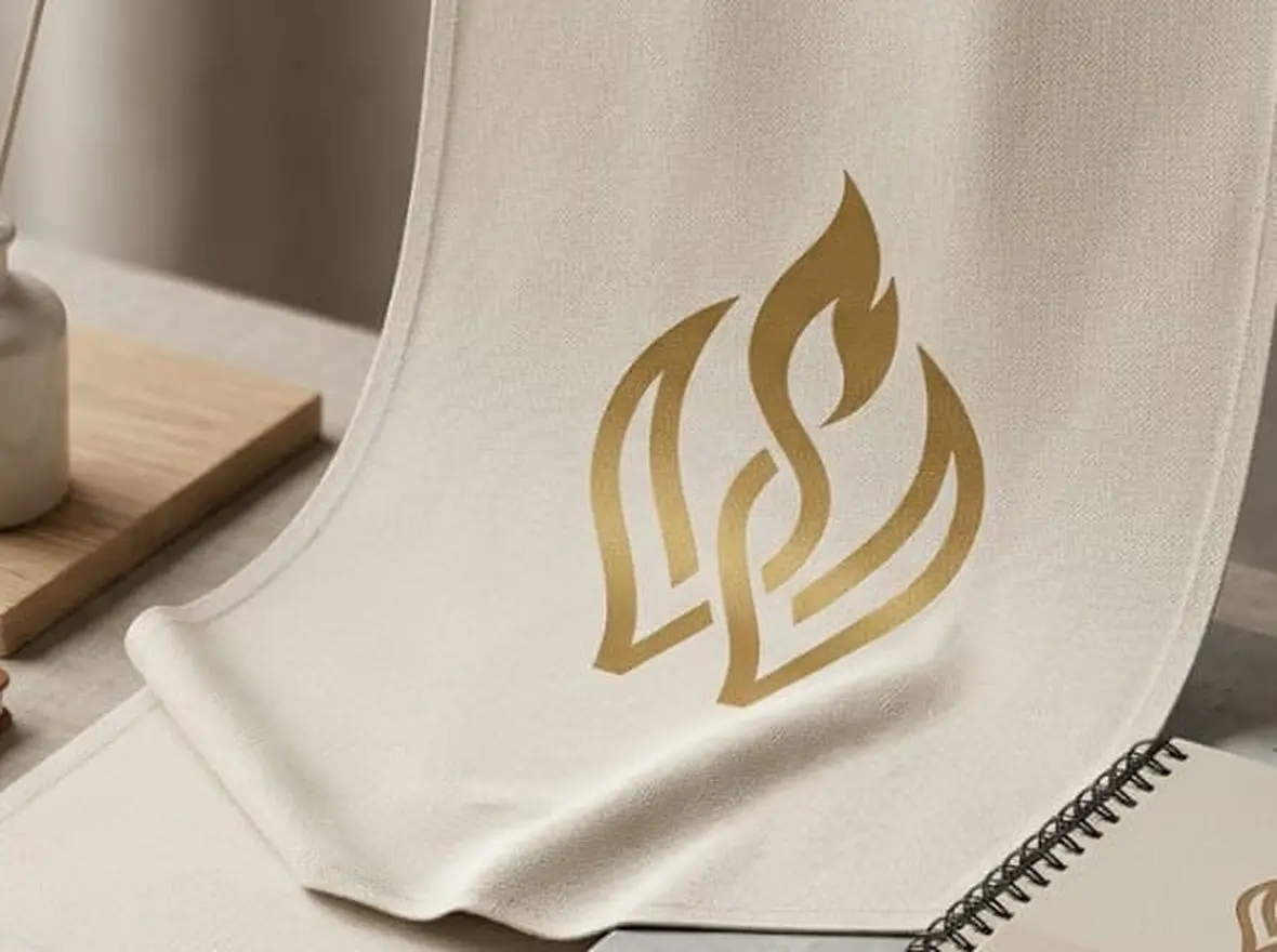 The Wickraft flame mark foil-stamped onto a fall of cream linen, in soft window light.