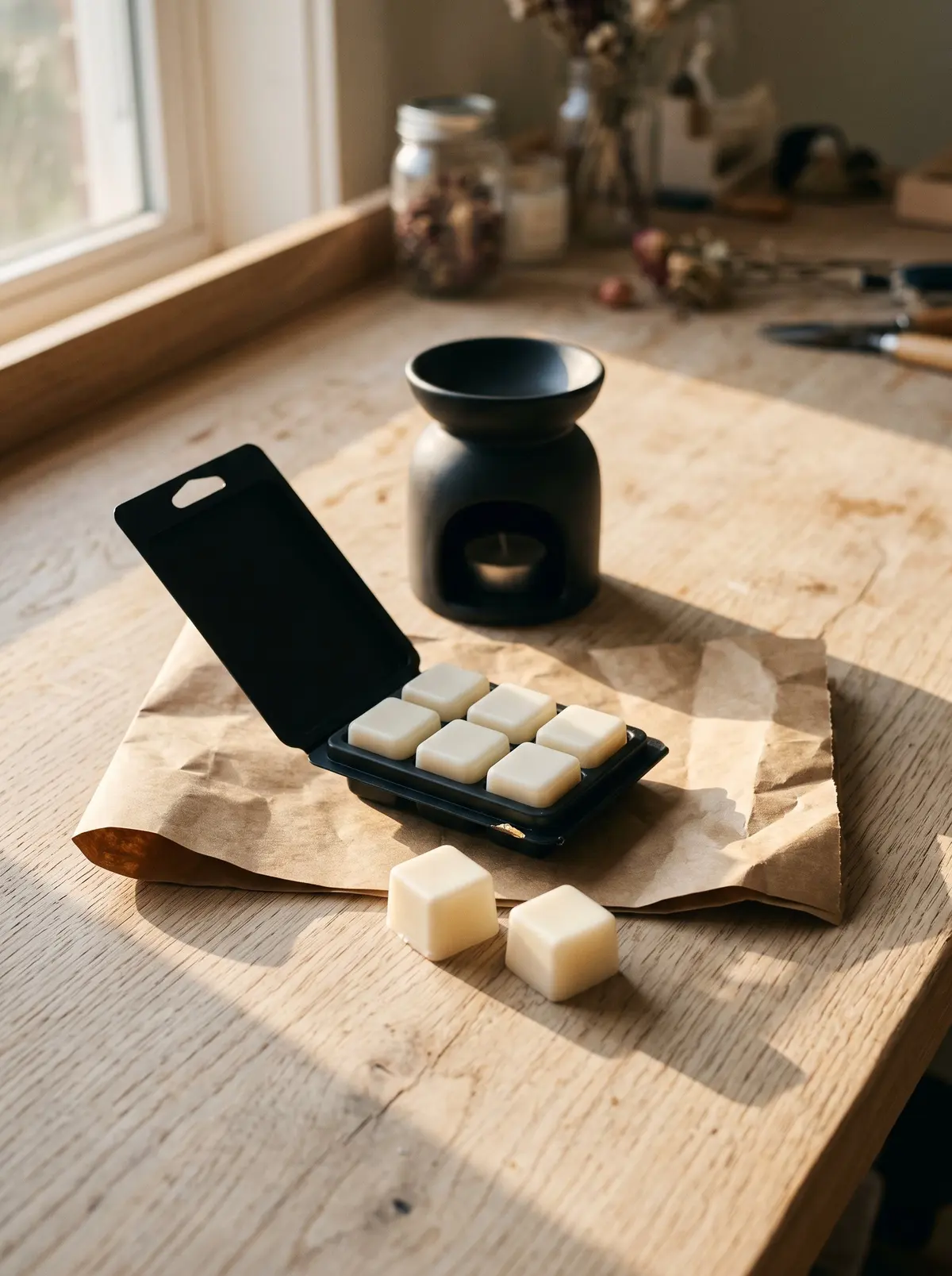 A six-cube tray of cream soy wax melts on kraft paper beside a black ceramic warmer, in raking window light.