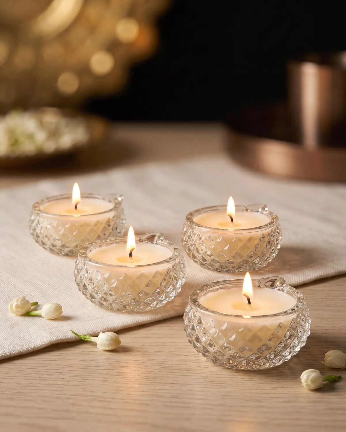 Glass Diya Candles, diwali special by Wickraft (Uncoloured, set of 4).