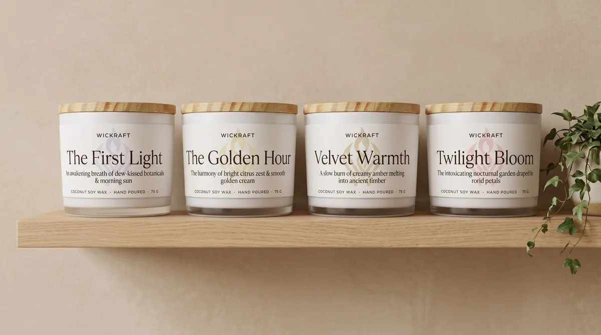 The four Wickraft signature candles in white jars with pine-wood lids, lined up on a pale wooden shelf.