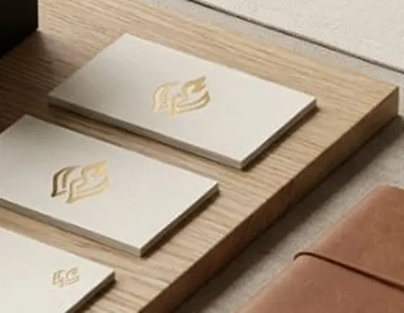 Cream cards and an envelope on oak, each with a small gold foil flame mark.